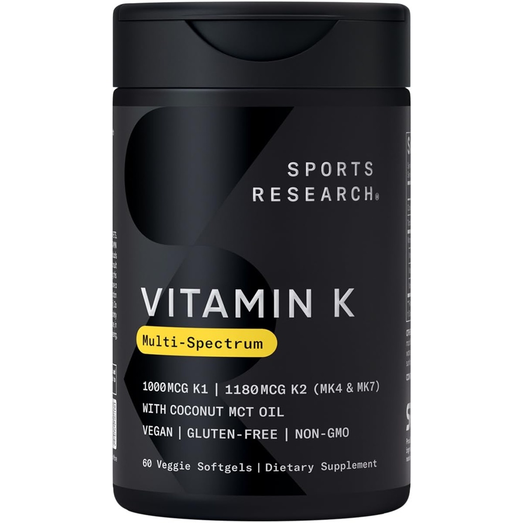 Športový výskum Vitamín K Multi-Spectrum - Tri typy vitamínu K: K1, K2 MK-4 & K2 MK-7 - Vegan Friendly, Plantgel Capsule - 60 softgels