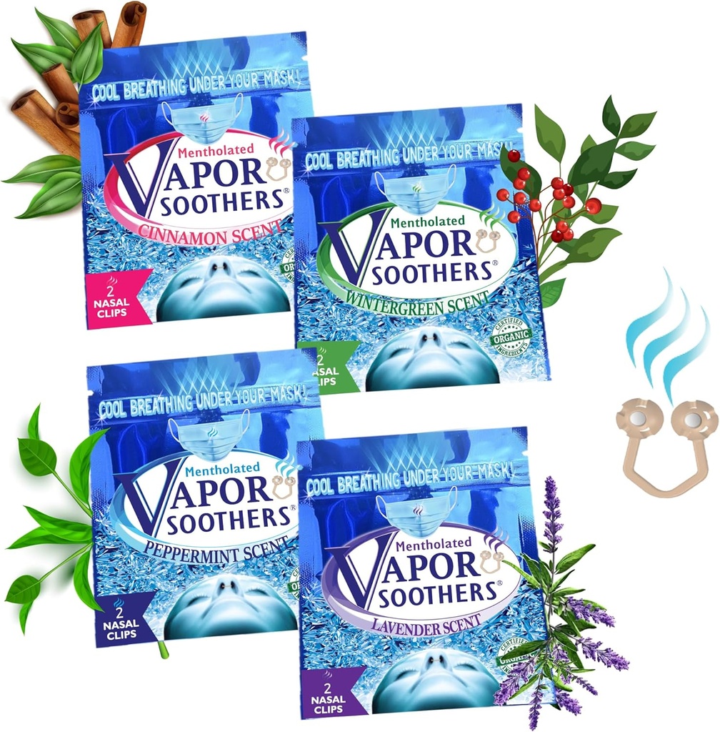 Dilatačné clips nosa, Cool & Easy Dýchanie pod maskou, 4-Scent Variety Pack (Peppermint, Wintergreen, Škorica, Levanduľa), 8 Počet, Instant Nasálna kongescia Relief, bez drog