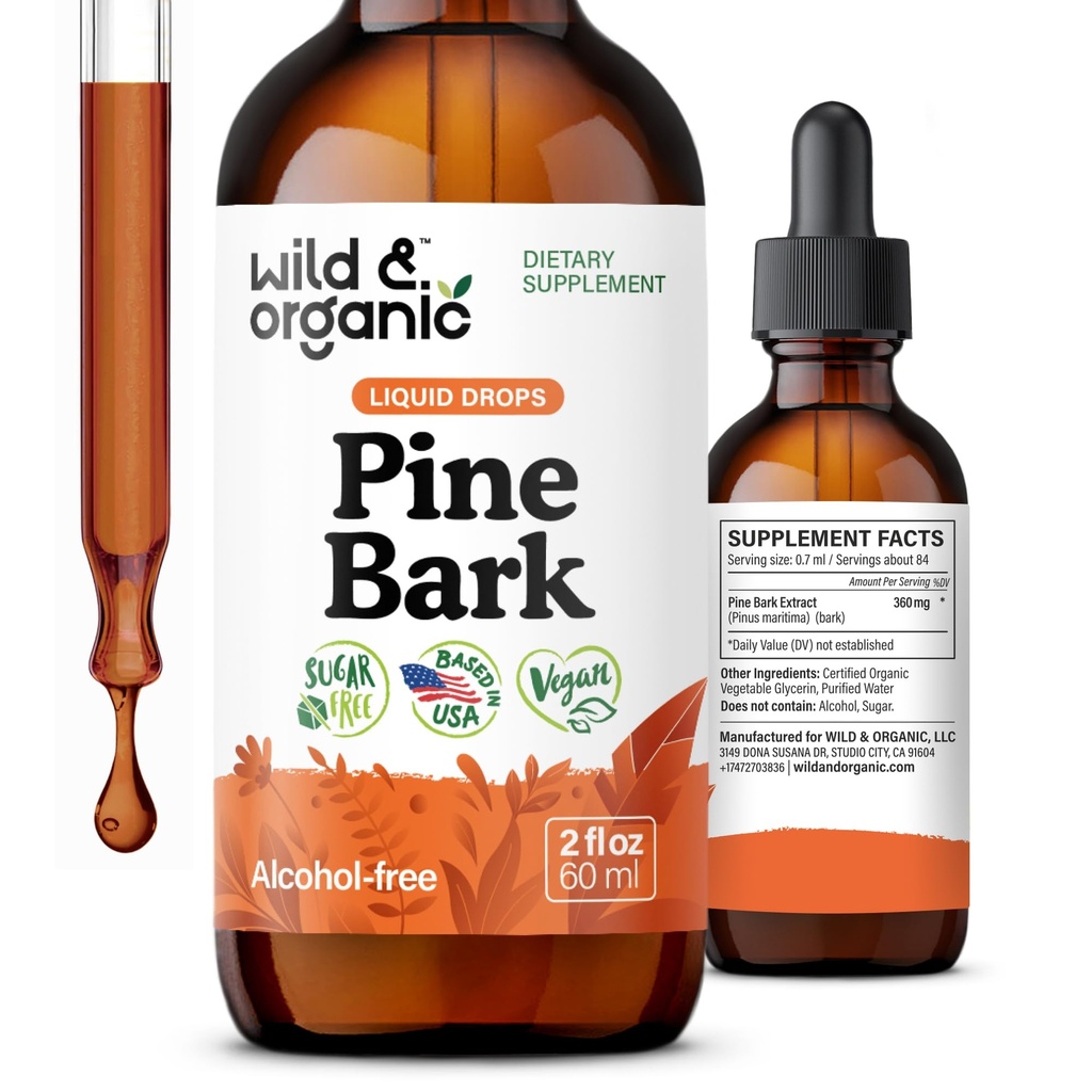 Wild & Organic Pine Bark Extract Tinture - Antioxidant Support - Pinus Pinaster Supplements - Francúzska námorná kôra Liquid Drops - 2-Month Supply - Vegan, Alkohol & Sugar-Free - 2 fl oz