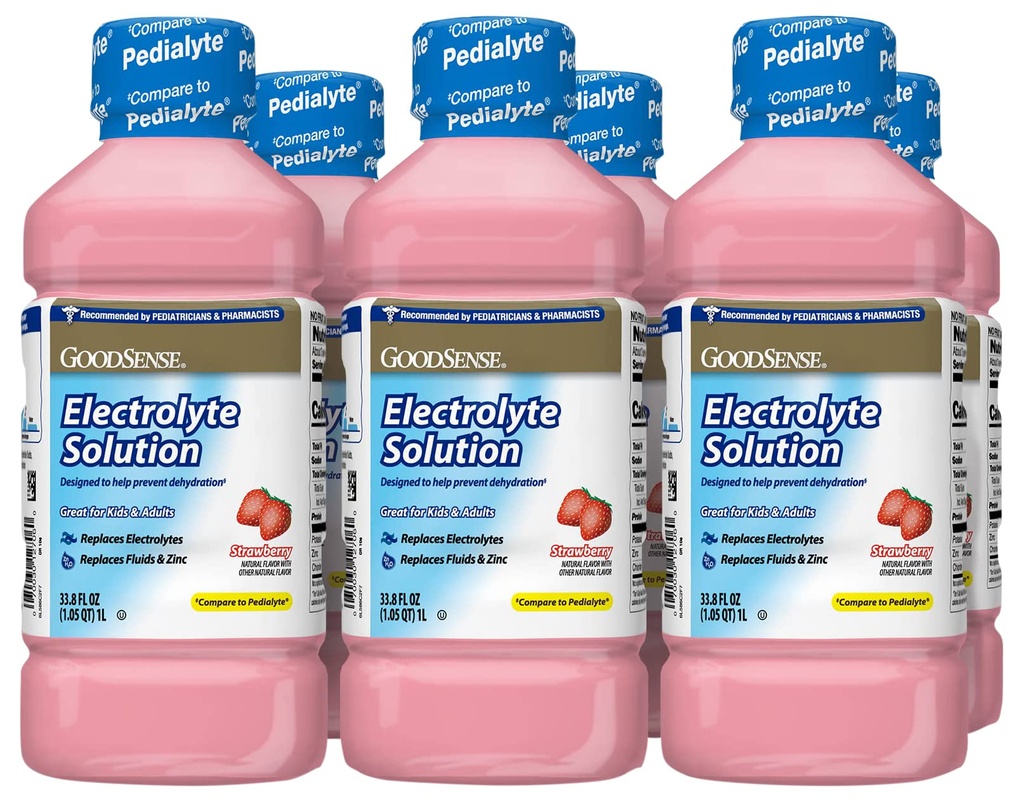 GoodSense Strawberry Electrolyte Solution, Nahrádza Electrolytes, Fluid & Zinok, Deti a dospelí, 33,8 Fluid Ounces (Stock of 6)