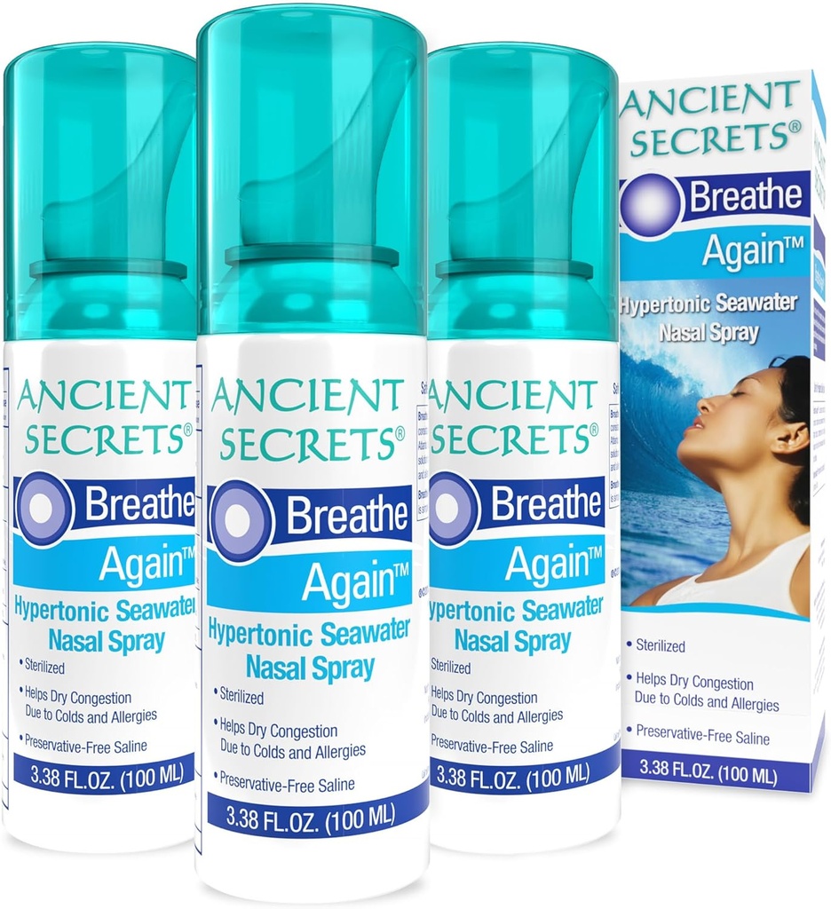 STAROSTLIVÉ SECRETS Saline nosový sprej - Dýchajte opäť hypertonický sprej z nosa morskej vody, alergia a sínusová úľava, nosový kongestor, 3,38 Fl Oz (pack of 3)