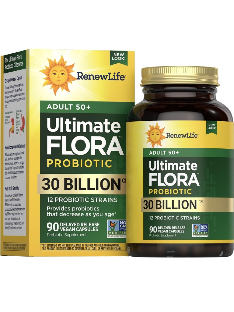 Renew Life Probiotic Adult 50 Plus Probiotické Kapsule, Daily Supplement Supports Urinary, Digestive and Immune Health, L. Rhamnosus GG, Dairy, Soy and glutton-free, 30 miliárd CFU, 90 Count