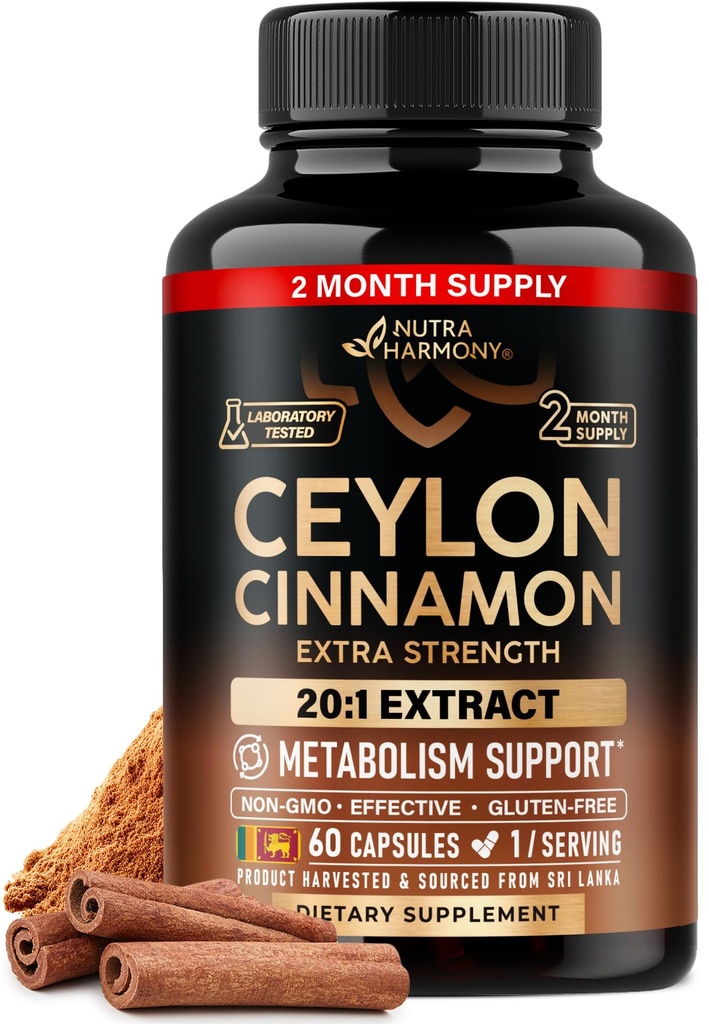 Ceylon Škorica Kapsule - Extra sila - Energetické Srdce a metabolizmus Podpora pre mužov a ženy - Čistá prírodná škorica 20:1 Extrakt Supplement - GMO & Gluten Free - Made in USA - 60 Kapsule 2 Mesiac