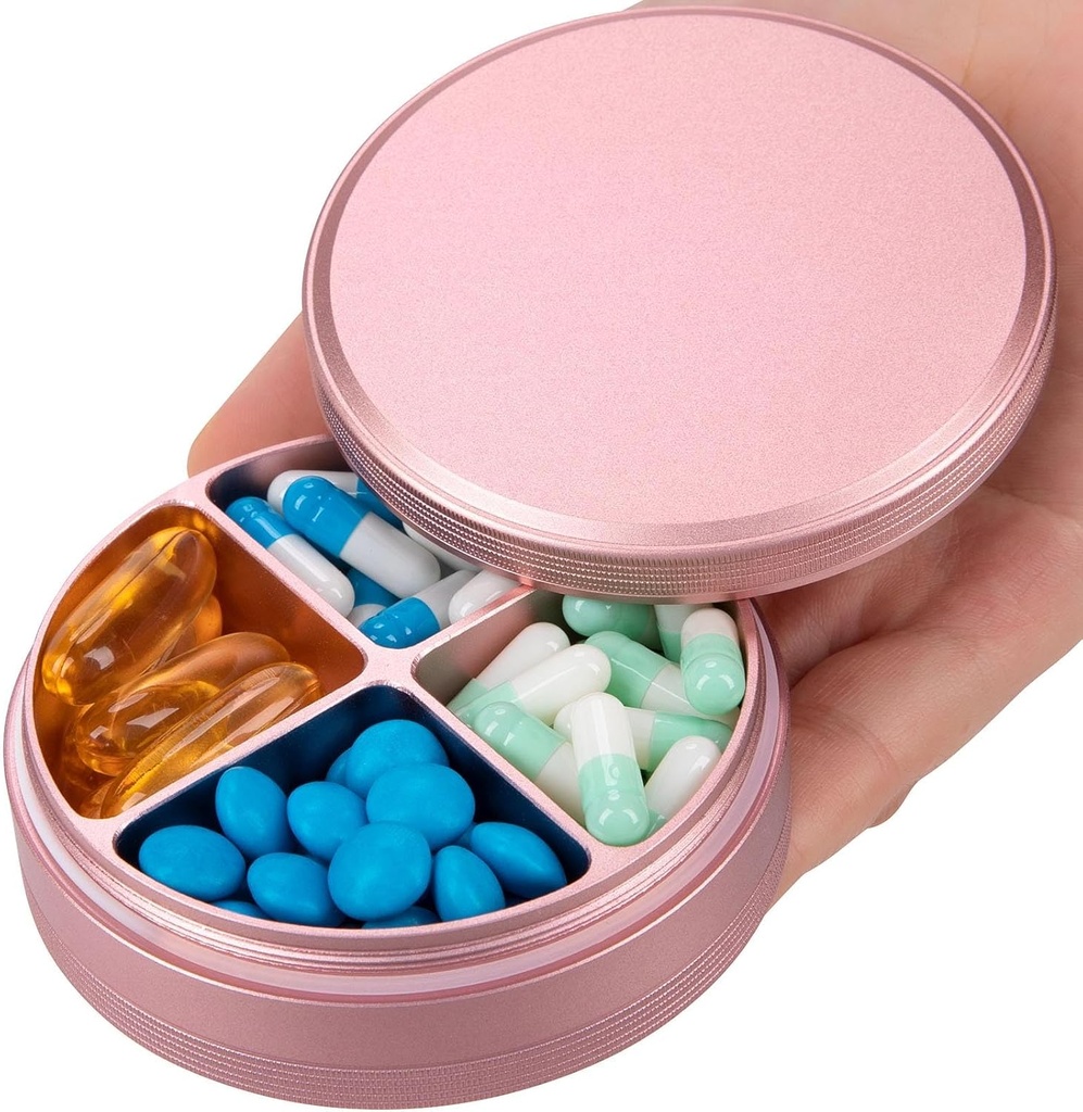 Kovové pilulky Organizátor 4 oddelenia - Prenosné cestovné pilulky Case Daily, Nepremokavá pilulka pre Purse, Kompaktné pilulky držiak Medicína Kontajnerové dávkovače pre vitamín Cod Pečeň olej doplnok ružová
