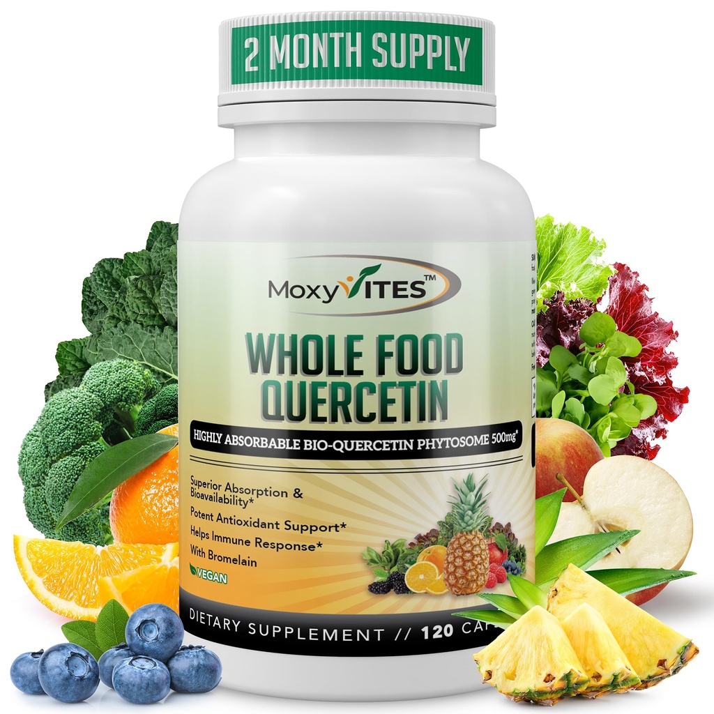 MoxyVites Quercetin s hypromelínom 500 mg Supplement - Bioactive Fytozome Complex, Pure Organic Whole Food Seasonal Support, Antioxidant, 20X Absorpcia a biologická dostupnosť-120 Caps