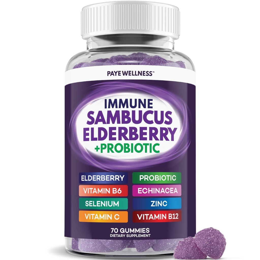 Bazové guličky Imunitná podpora, Denná podpora pre deti a dospelých*, s Sambucus bazalky, Zinok, vitamín C, D3, B6, B12, Plus - Dietary Supplement - 70 Count