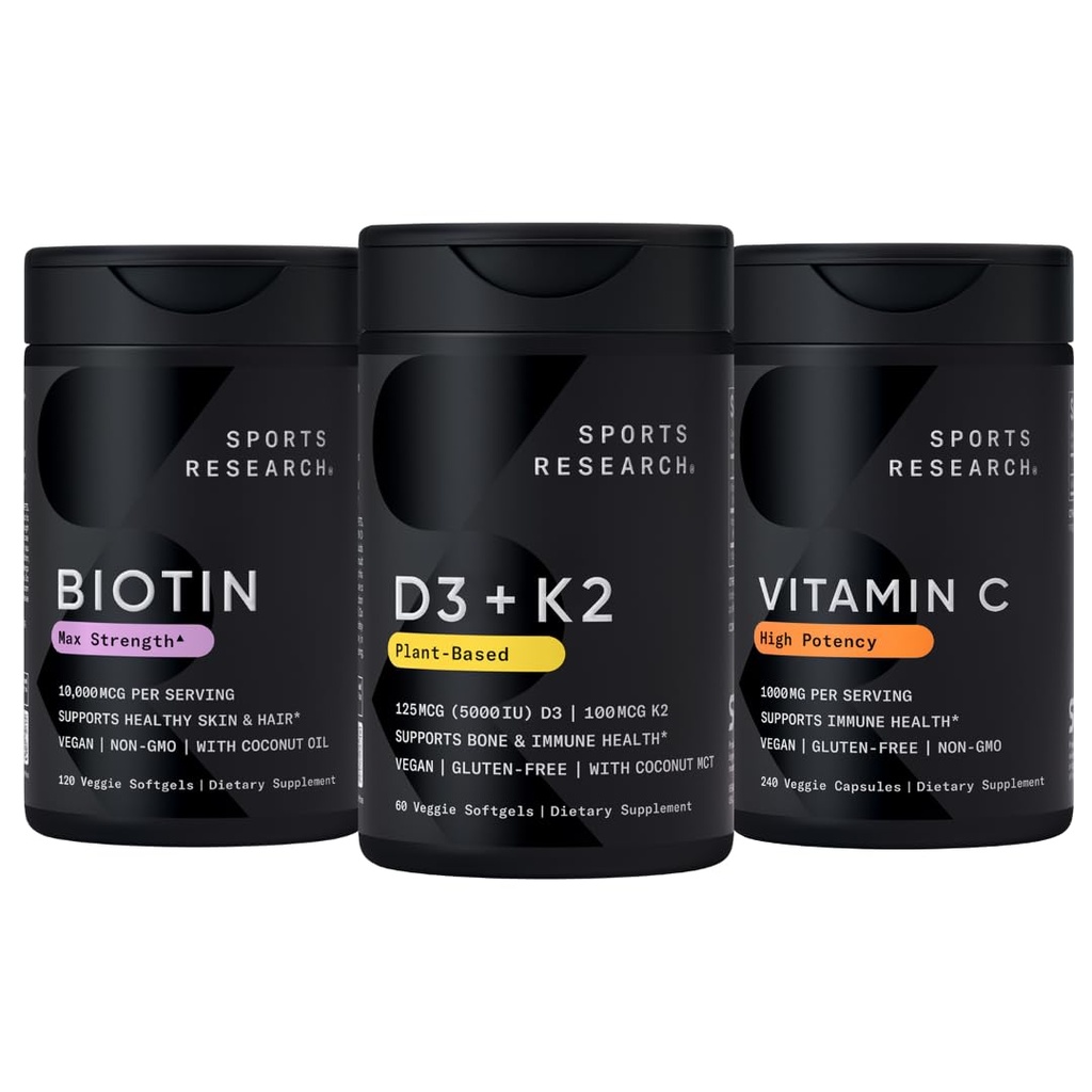 Športový výskum Vitamín D3 5000iu K2 100mcg, Vegan Biotin 10 000mcg s kokosovým olejom a vysokým obsahom vitamínu C doplnok 1000mg
