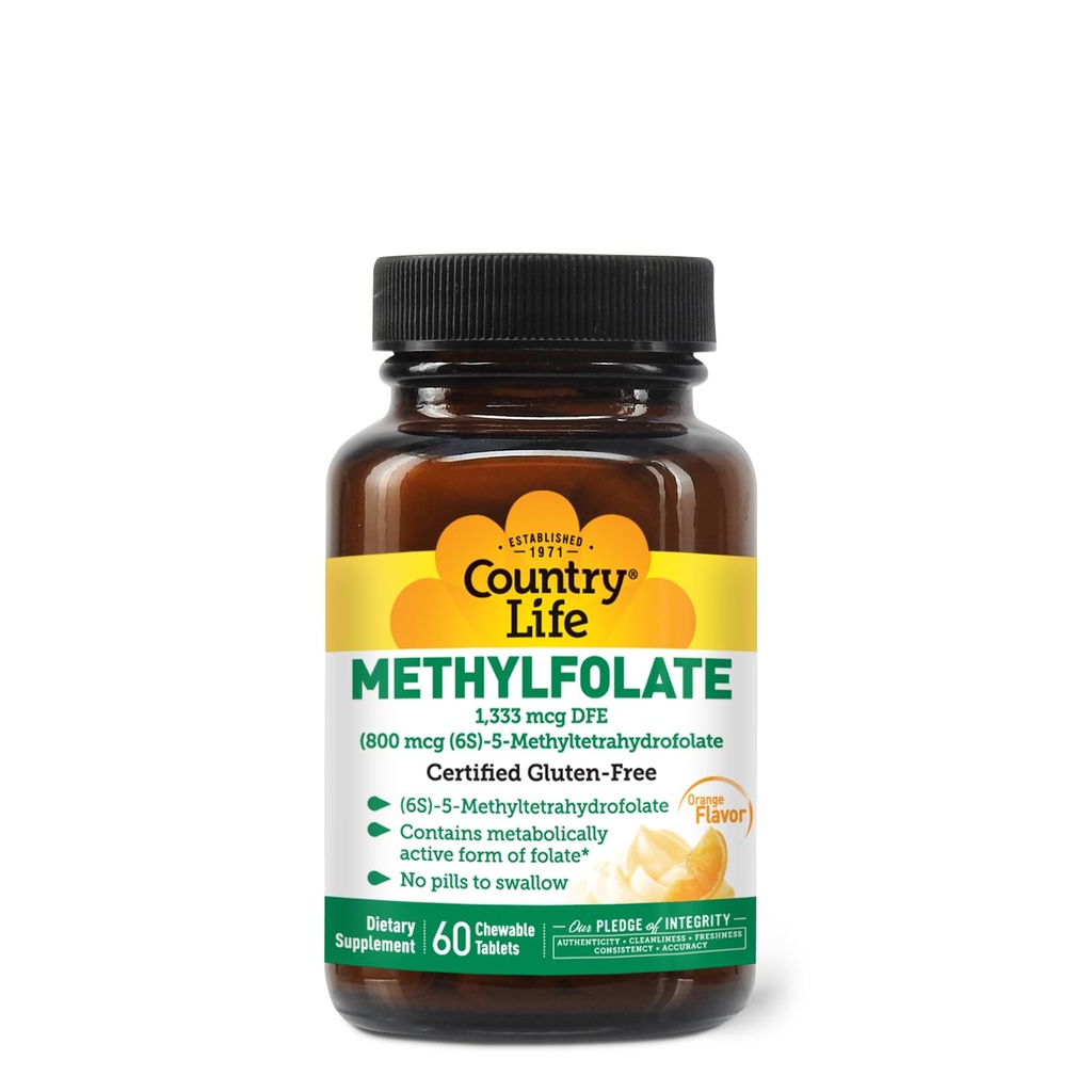Country Life Metylfolate Žuvacie tablety - Metabolicky aktívny folát - Veľká chuťová pomarančová príchuť - bezlepkové - hladké Melty - Vegan B12 - Vitamíny pre ženy - Denné doplnky - 60 tabliet