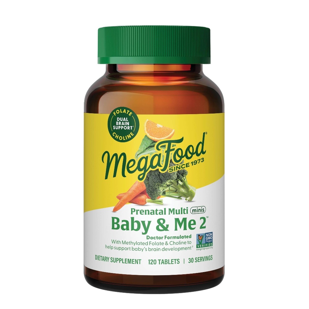 MegaFood Baby & Me 2 Prenatálne multiminis - prenatálne vitamíny pre ženy s cholínovým a metylovým folátom - bezlepkové, vegetariánske, Pre Natal Multivitamín pre ženy 
