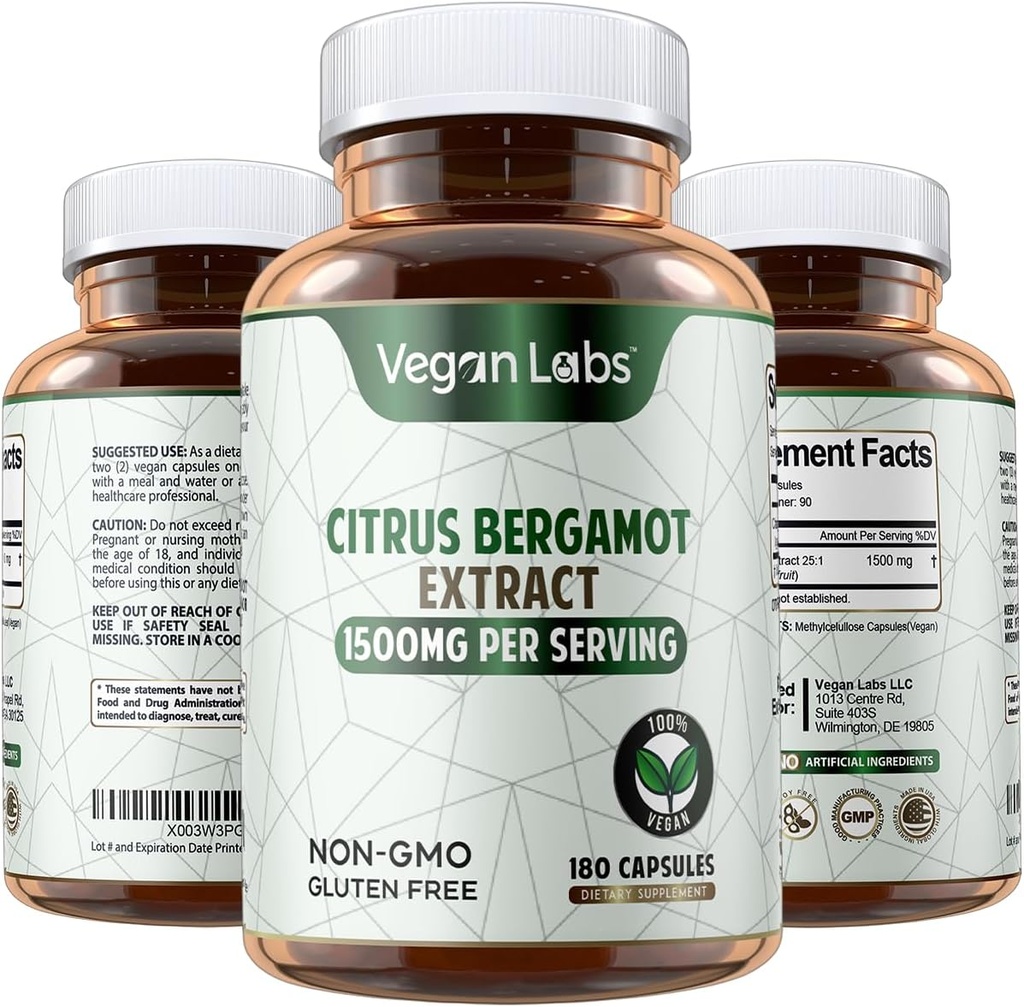 Vegan Labs Citrus Bergamot Extract 1500MG- 180 Vegan Kapsule- 25:1 Citrus Bergamia Extract- podporuje celkové zdravie a antioxidant ochranu- Gluten bez, non-GMO