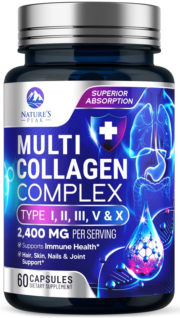 Multikolagénové Peptidy Supplement for Hair, Nail, Skin - Typ I, II, III, V, X, Collagen Powder Pills - Grass-Fed, Hydrolyzed for Bone and Joint Support for Women & Men, Non-GMO - 60 Kapsule