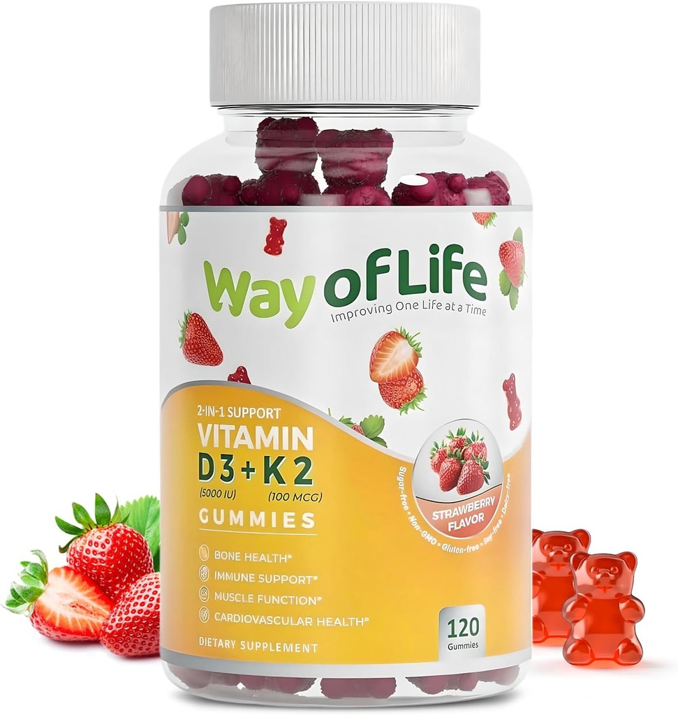 Vitamín D3 5000 IU (125 mcg) + K2 (MK-7) 100 mcg Gummy bez cukru, Jahoda - 120 počet, kosti a srdce zdravie pre dospelých, svalová zábava, pektín, chutný, Chewy, non-GMO, bezlepok, bez želatíny