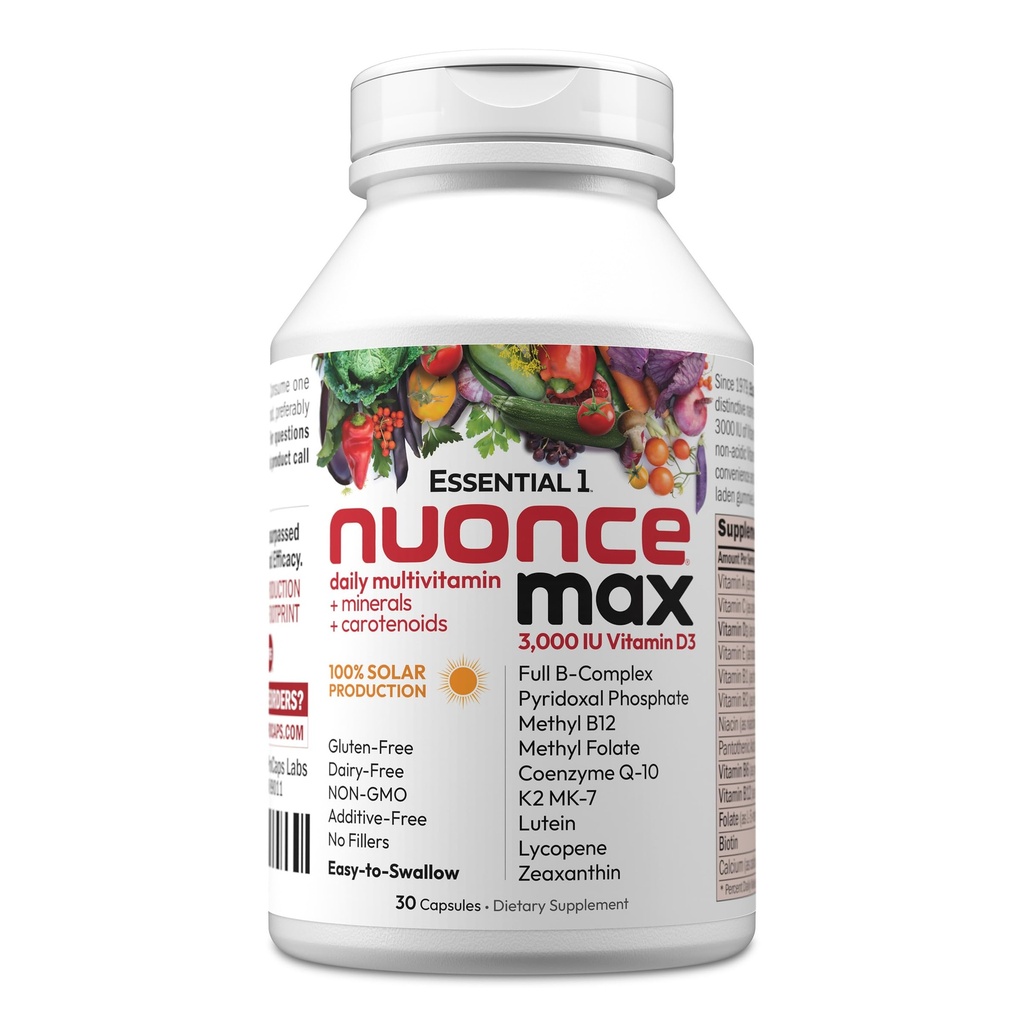 ANDREW LESSMAN Essential-1 nunce max Multivitamín 3000 IU Vitamín D3 30 Malé kapsuly. 100 μg Metyl B12. CoQ10 Lutein Lycopene Zeaxantin. Vysoká sila. Žiadne prídavné látky. Ultra-Mild Jedna denná kapsula
