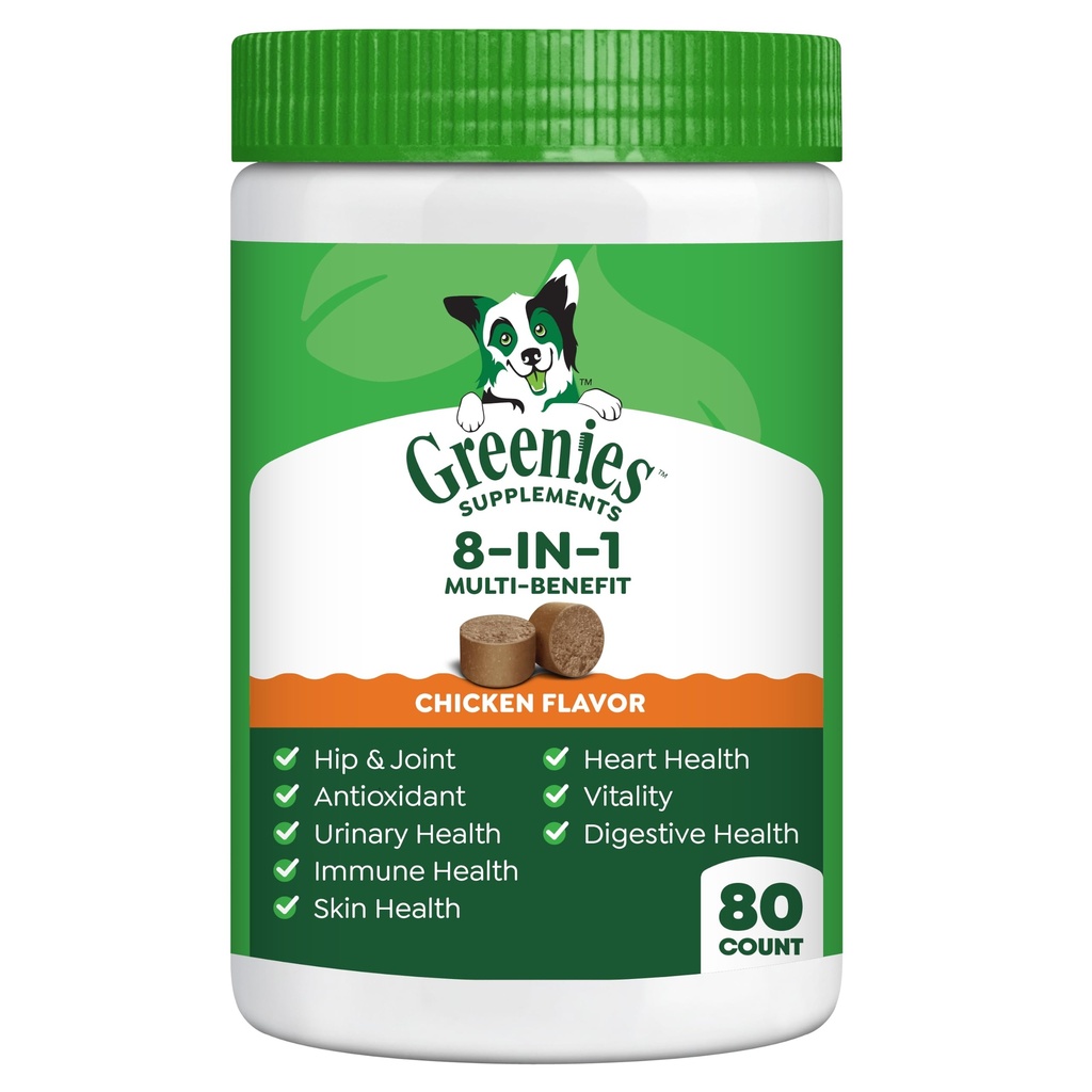 Greenies Doplnky pre psov 8-v-1 Multi-Benefit Chicken Flavor, 15.5 oz. Kontajner, 80 Počet