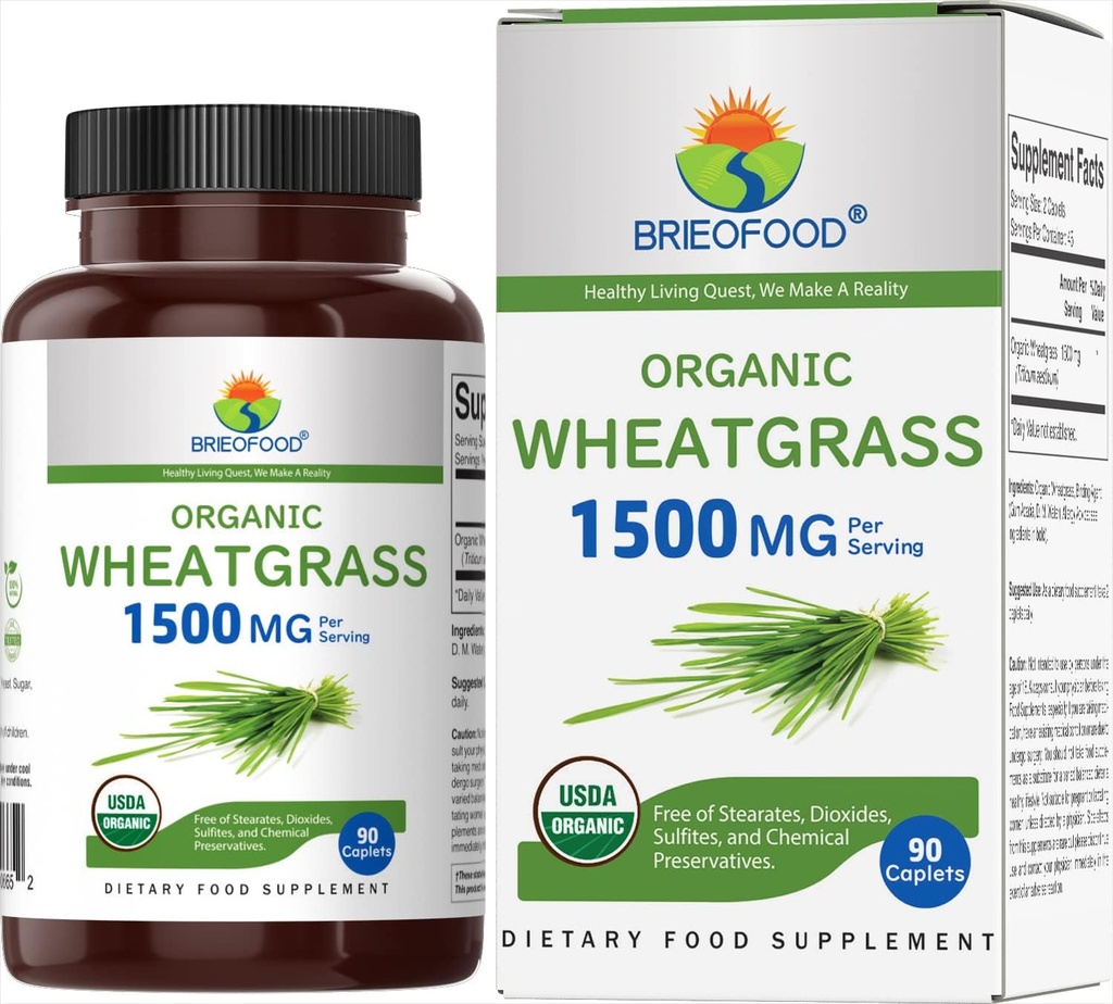 Brieofood Organic Wheatgrass 1500mg, 45 Servings, Vegetariánska, Gluten Free, 90 Vegetariánskej tablety