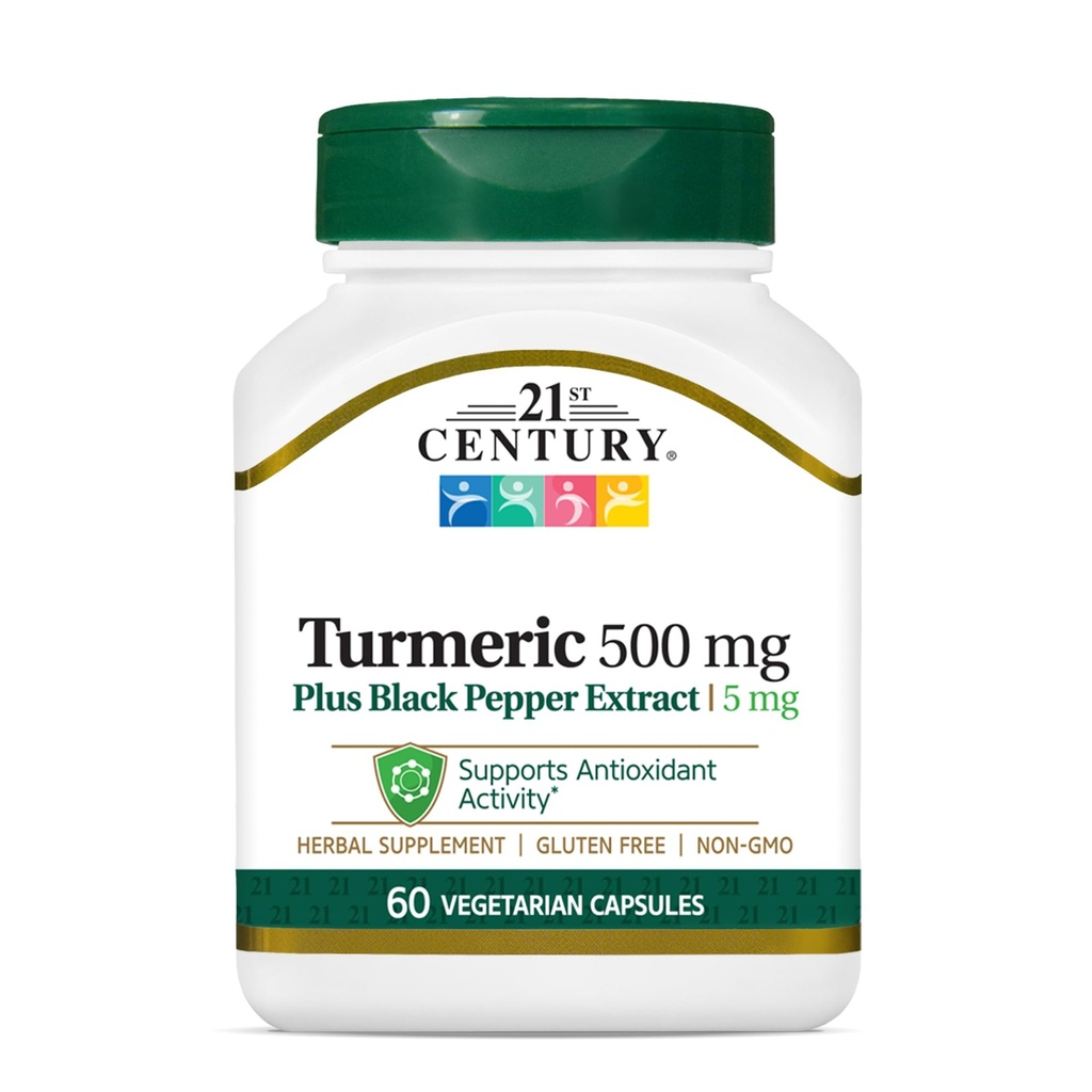 21. storočie Turmeric 500 mg Plus Black Pepper Extract Vegetariánske kapsuly, 60 grófov