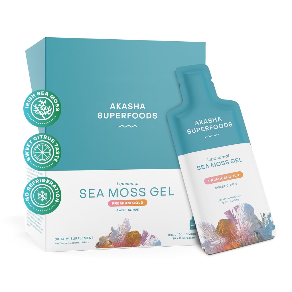 Akasha Superfoods Irish Sea Moss Gel, Lipozomal Seamos with Irish Sea Moss, Vitamin E, Citrus, Organic Vanilla, Glycerin, Skin, Energy & Gut Health Support for Women & Men, Sweet Citrus Flavor, 30 Ct