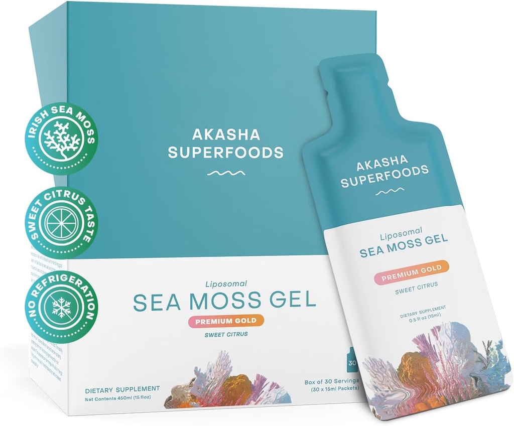 Akasha Superfoods Irish Sea Moss Gel, Lipozomal Seamos with Irish Sea Moss, Vitamin E, Citrus, Organic Vanilla, Glycerin, Skin, Energy & Gut Health Support for Women & Men, Sweet Citrus Flavor, 30 Ct