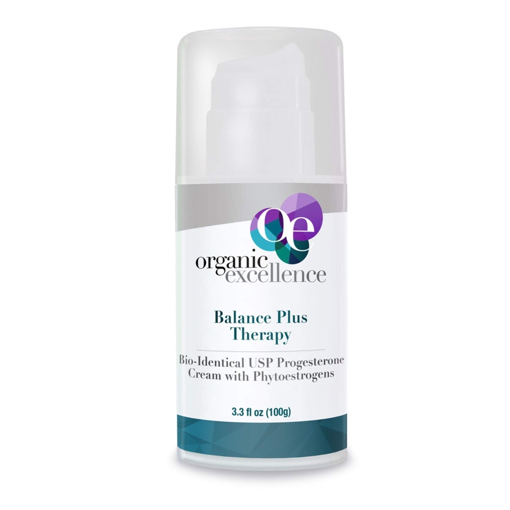 Organic Excellence Balance Plus Therapy - USP Bioidentical Organic Progesterone Cream for Women - with Phytoestrogens - for Menopauza Relief and Natural Hormone Balance, 3.3 fl oz (100g)