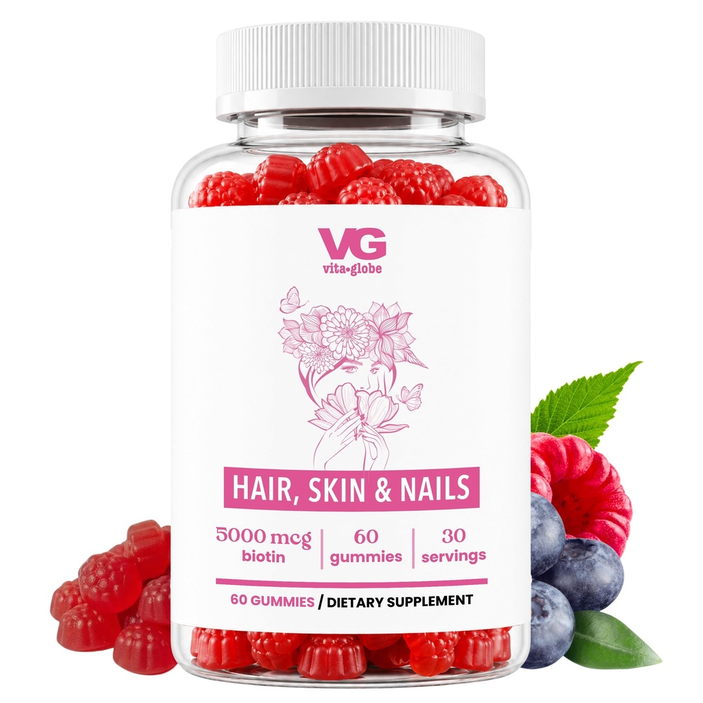 VITA GLOBE vlasy, koža a nechty + kolagénové Gummies 20 mg s vitamínmi A, C, D, E, B6 & Biotin 