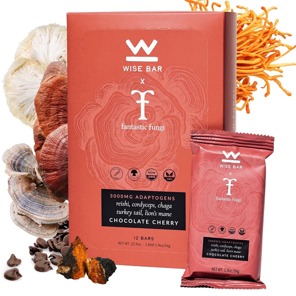Múdry Bar Adaptogen Mushrom Nutrition Bars with Reishi, Lions Mane & Ashwagandha, Organic Vegan & Gluten Free Snacks for Natural Focus, Energy & Imunity Support, Chocolate Cherry Flavor, 12 Count