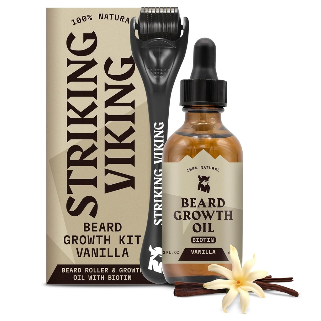 Striking Viking Beard Rastový olej - 2 fl oz, Balenie 1, Vanilka - Hrúbka medvedí olej s Jojoba & Argan extrakty - Podporuje rast vlasov tváre a ciele Patchy oblasti - Biotin opevnený