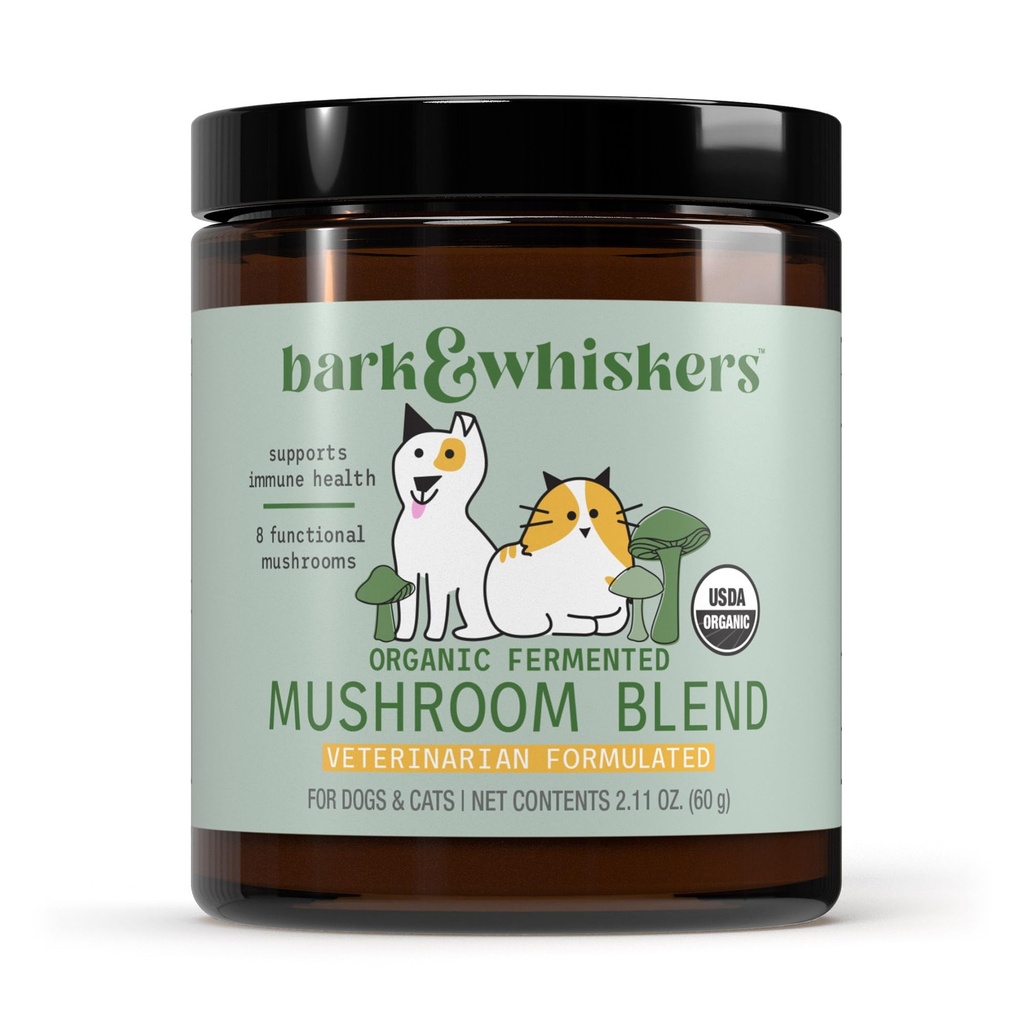 Dr. Mercola Bark & Whiskers Organic Fermented Mushrom Blend - Cat & Pes Supplement - Supports Digestive & Immune Health - Bez prísad, Filler & Gluten - 2.11 oz. (60 lopatiek)
