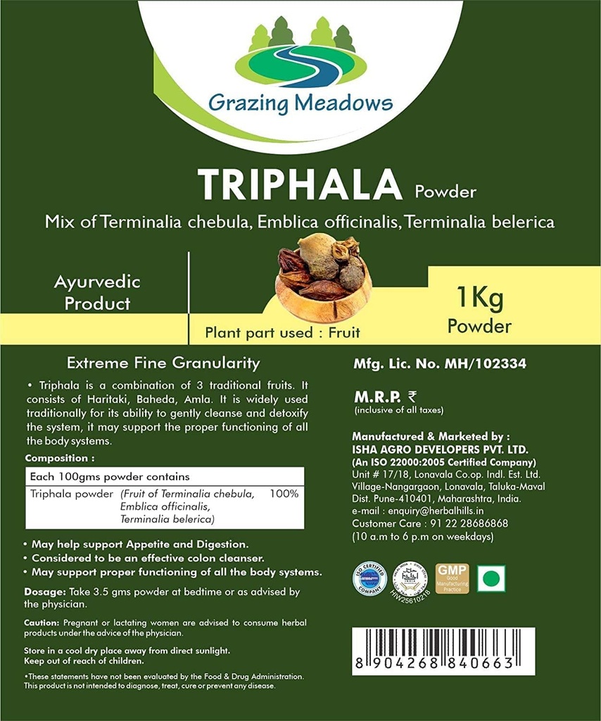Grazing Meadows Powder Triphala - 1 Kg Triphala Churna Powder