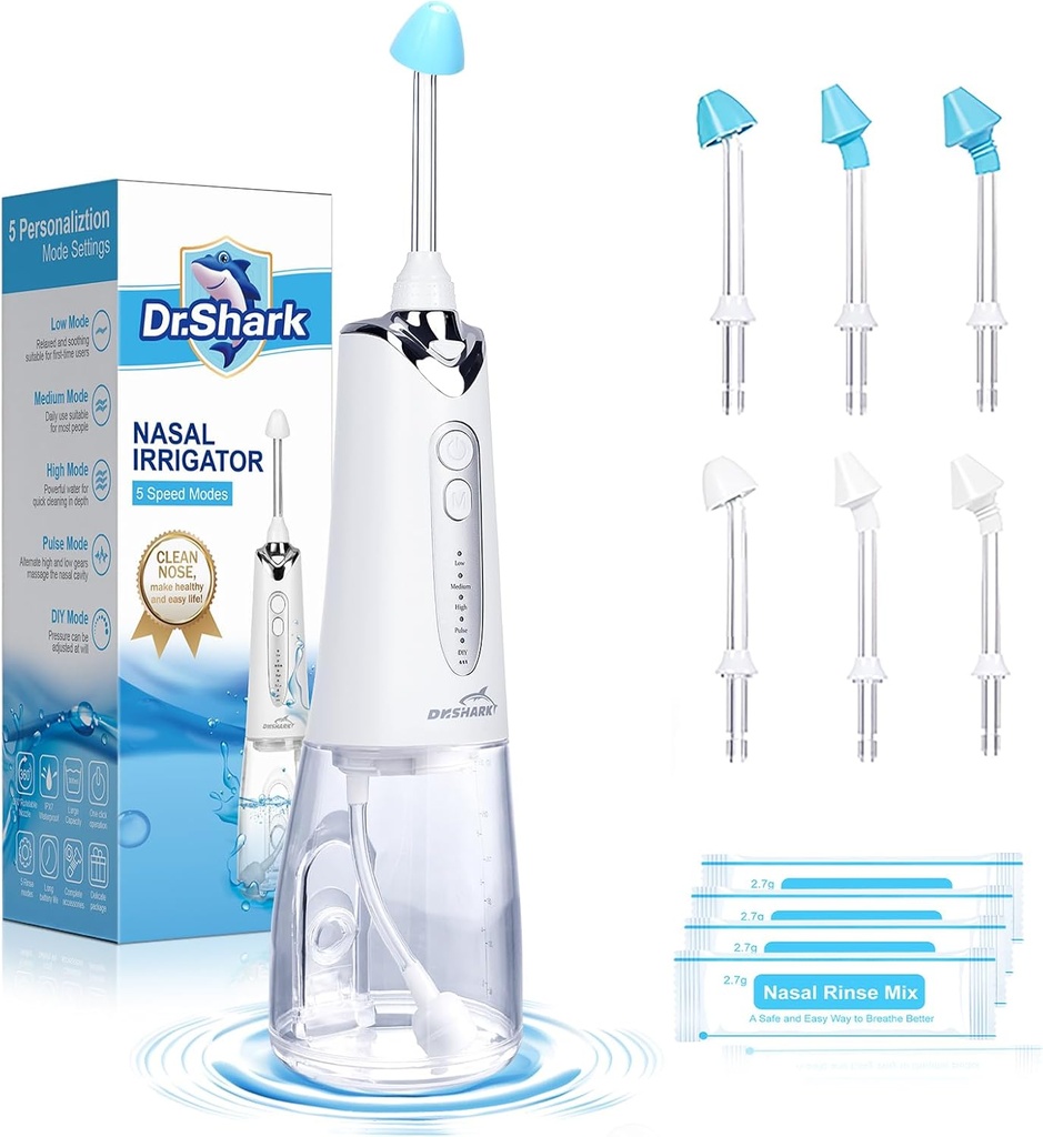 DR.SHARK Bezdrôtový systém zavlažovania nosa, Elektrický nitovací pot pre Sinus, Čistič nosa, Sinus Cleaner Machine, 5 módy Nasal Rinse Machine