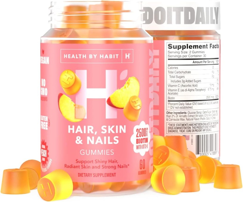 Zdravie podľa Habit vlasy, koža a nechty doplnok (60 Gummies) - 2500mcg biotín, vitamín C, vitamín E, silné nechty, Peach Flavor, Vegan, Gluten bez, non-GMO
