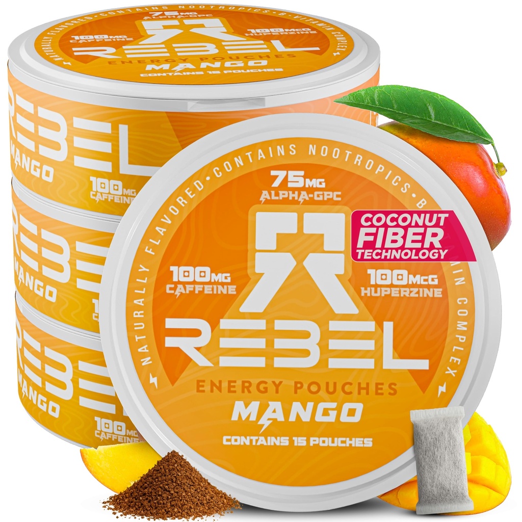 Nootropné energie Kofeín Pouchy • 100 mg kofeínu • Alpha GPC • Huperzine A & Essential Vitamíny • bez cukru • Kokosové vlákna technológie • Mango chuť • 15 Puchy na plechovku (Stock of 4)