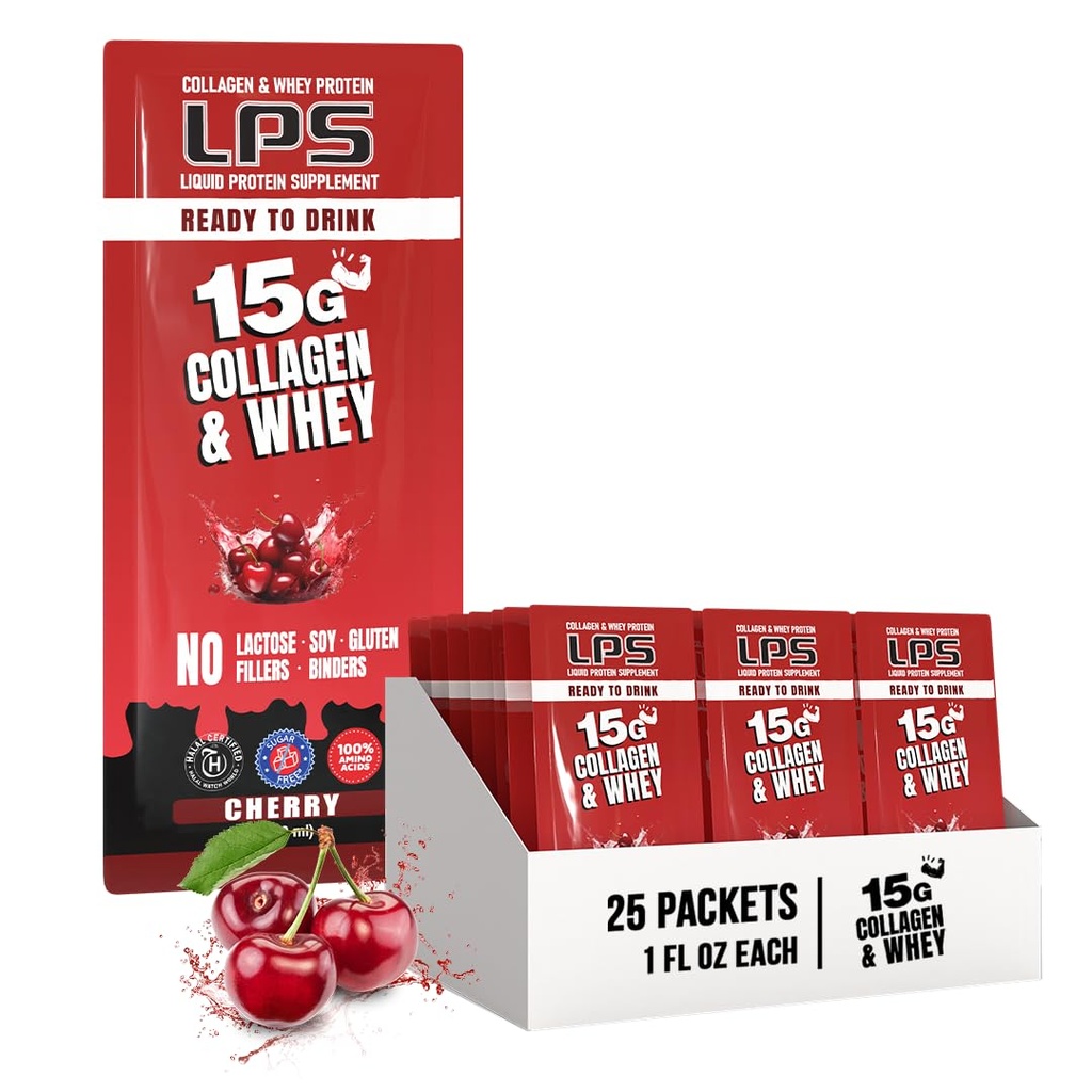 Výživové návrhy LPS Liquid Collagen & Whey Protein Supplement - Non-GMO nápoj, bez cukru - Podporuje zdravú pokožku a vlasy pre mužov a ženy, Cherry, Single Serve (25 paketov)