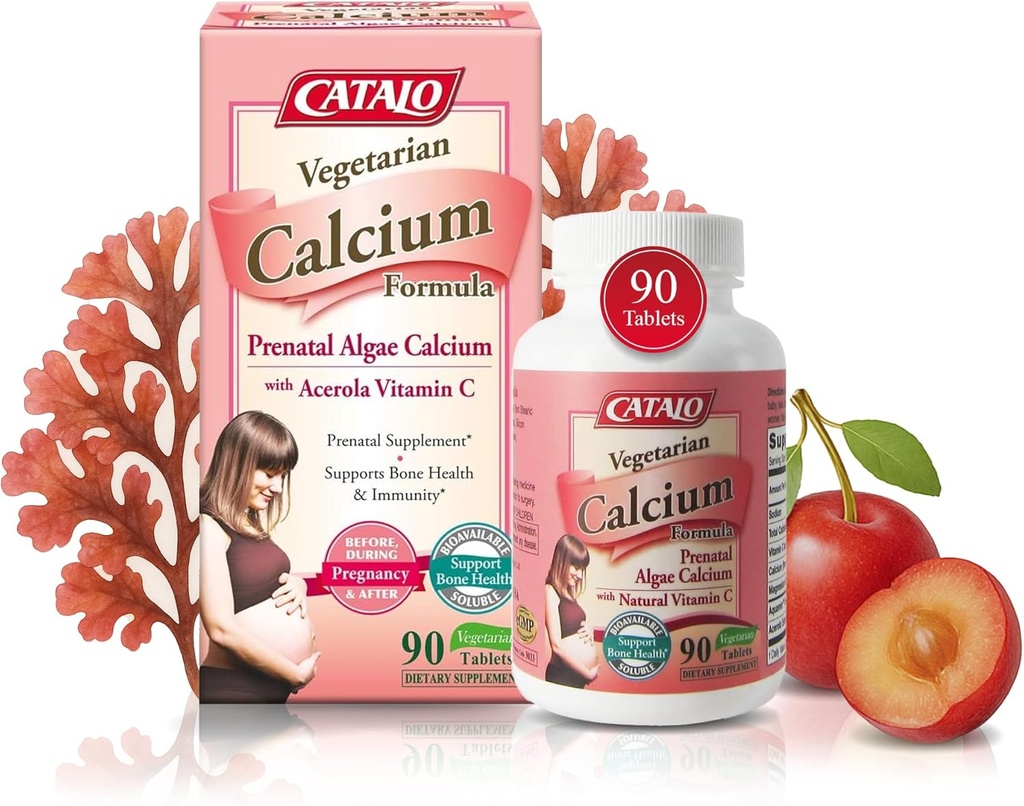 CATALO Vegetariánske kalcium doplnky pre ženy - Rastlinné červené riasy vápnik s horčíkom a vitamínom C pre zvýšenú absorpciu - 90 tabliet