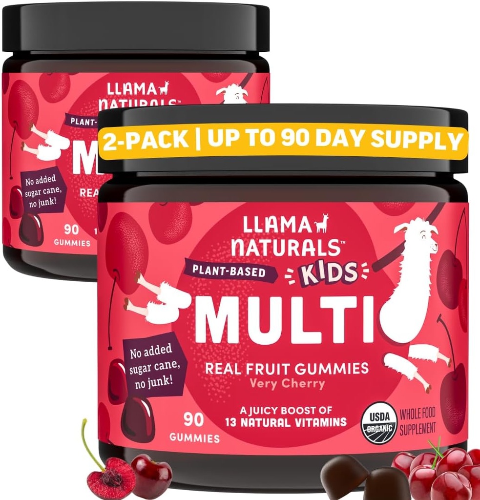 Llama Naturals Kids Multivitamínové Gummies, Vegan, Organické s vitamínom D, C & K, Batoľa skutočné ovocie Gummy vitamíny, žuvacie doplnok, celý potravinový multivitamín, žiadny pridaný cukor trstiny, Cherry, 2 Pk