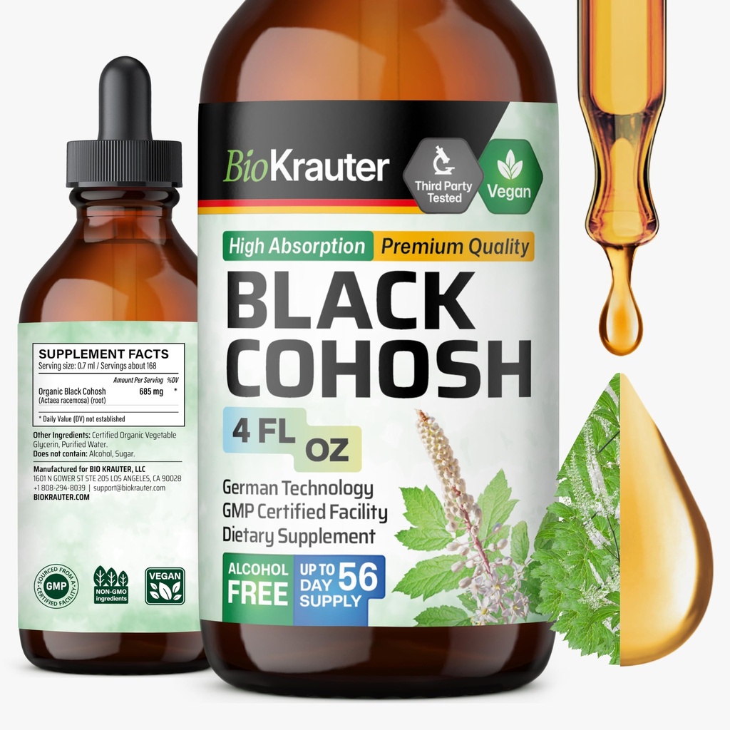BIO KRAUTER Black Cohosh Tincture - Vegan Black Cohosh Supplements Ženy Podpora - Alkohol a cukor bez - 4 Fl.Oz.