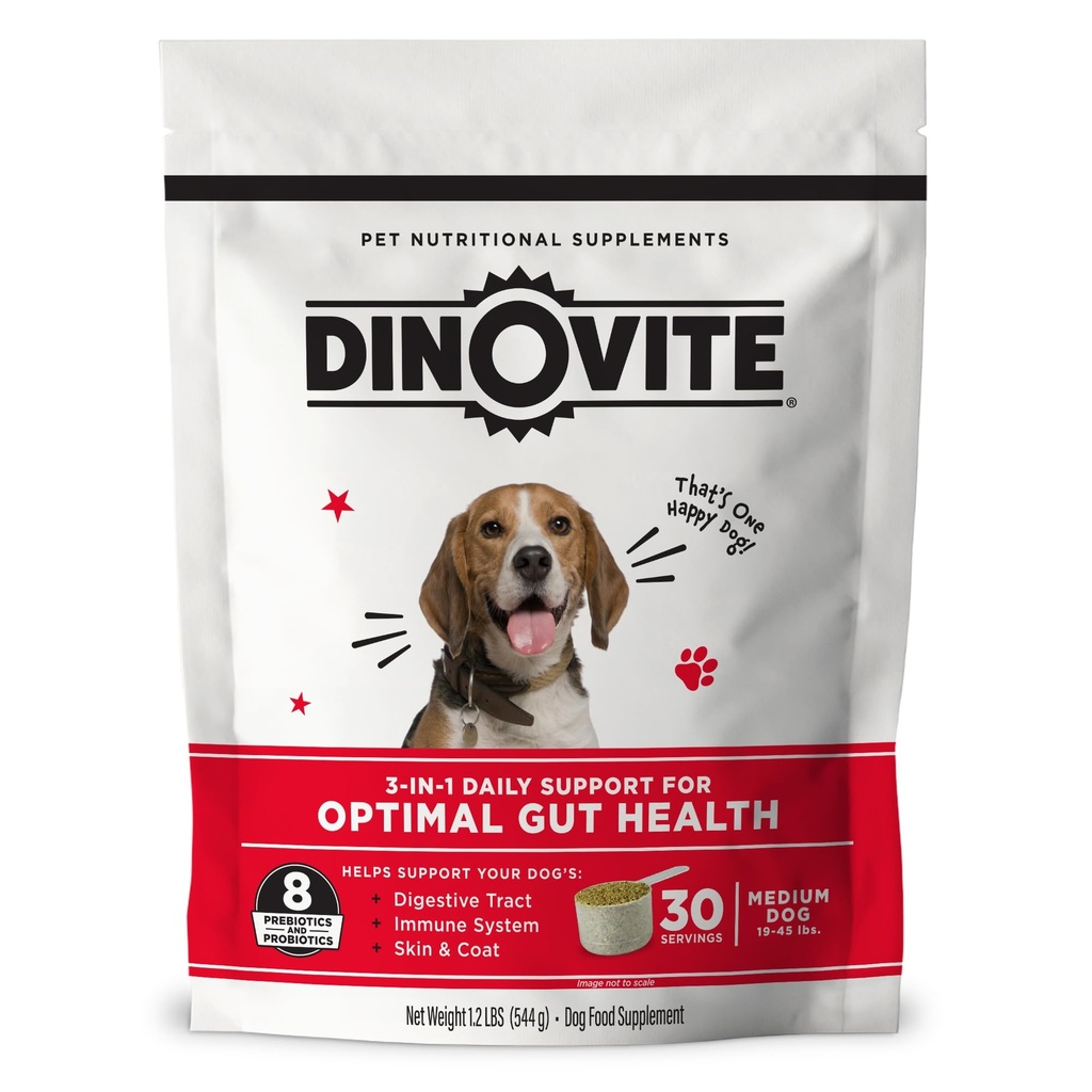 Dinovite 3 in 1 Probiotikum pre stredné psy, kožu a kožu, trávenie zdravie a spoločné Relief, Psie potraviny Toppers, Imunitná podpora, Alergická úľava a svrbenie Relief starostlivosť o pleť, 30 Servings (18-45lb)