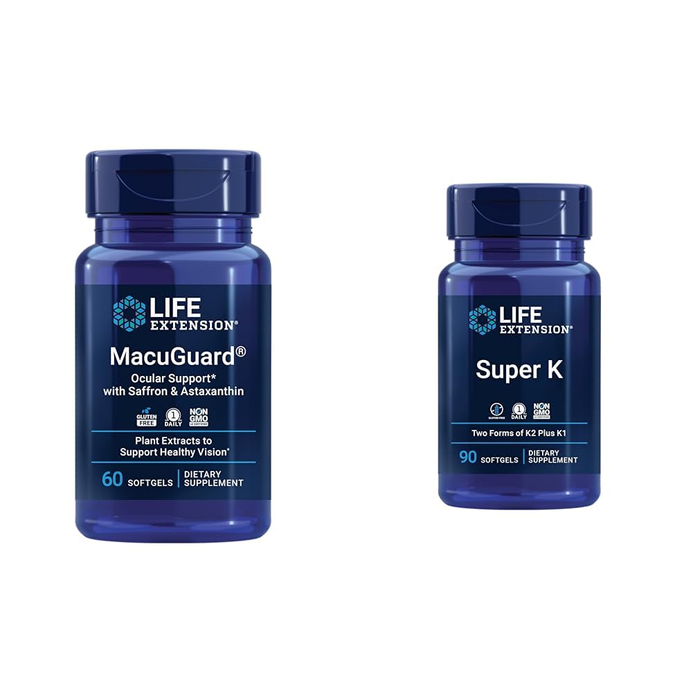 Extension Life Macuguard Eye Health Supplement with Lutein, Meso-Zeaxantin, Saffron & Astaxantin - 60 Count and Super K Vitamin K1 K2 MK-7 MK-4 Vitamín C - 90 Softgels