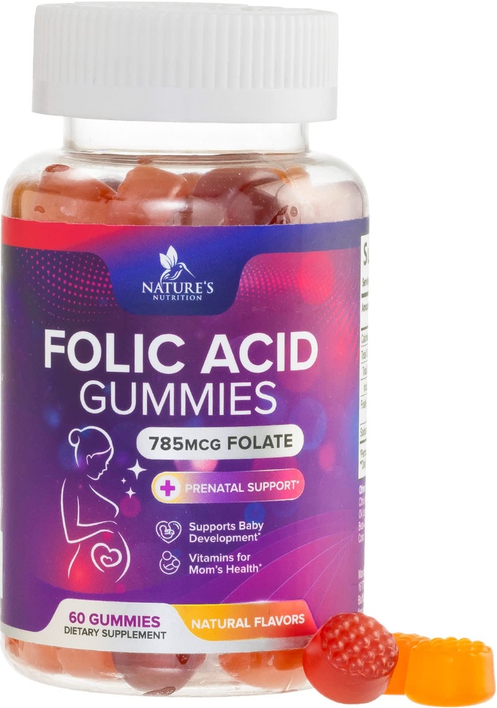 Kyselina listové Gumies pre ženy 785 mcg, Esenciálne prenatálne vitamíny pre mamu a dieťa, Vegánske folické doplnok Gummy, Denné vitamín B9 Extra sila folát, Pred Po tehotenstve - 60 Gummies