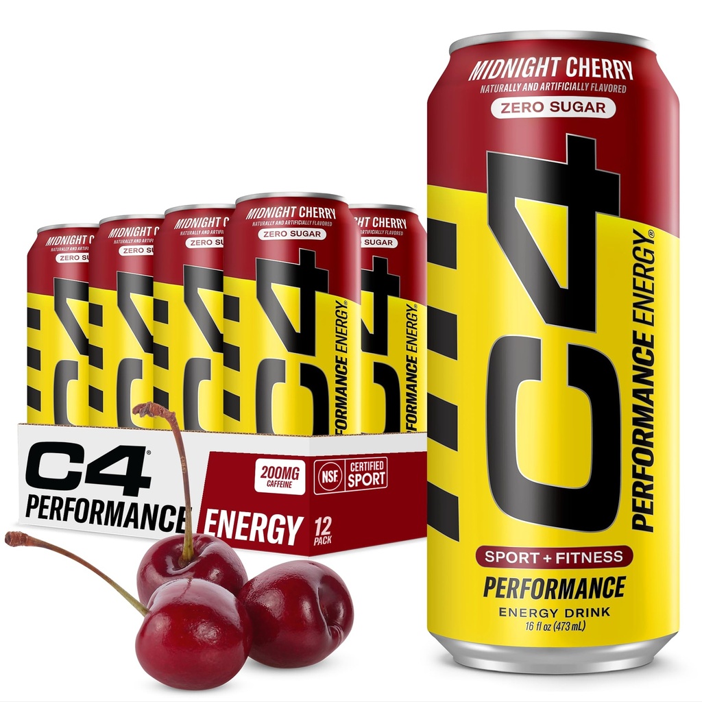 C4 Energy Carboned Zero Sugar Energy Drink, Pre Workout Drink + Beta Alanine, Midnight Cherry, 16 Fl Oz (pack of 12)