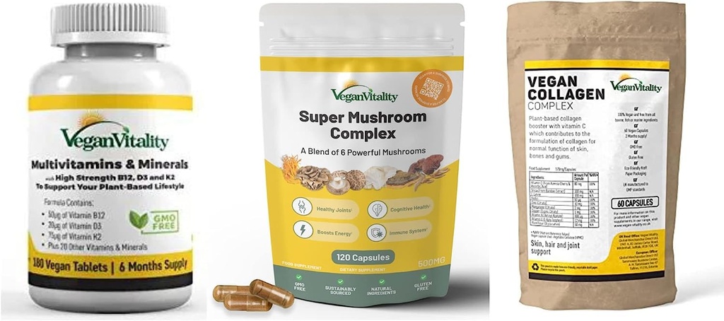 Vegan Vitality Booster Doplnky Bundle - Vegan multivitamíny, Collagen a Super Huba Complex. High Strength Plant-Based Formula pre celkové zdravie Vegans a Vegetarians