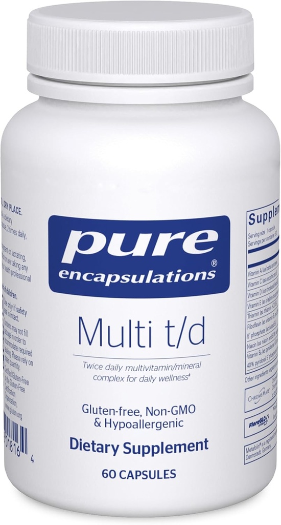 Pure Encapsulations Multi T/D - Multivitamínové a minerálne doplnky - pre denné wellness, kardiovaskulárne a imunitné zdravie* - bohaté na vitamíny a minerály - bezlepkové a vegetariánske - 60 kapsúl