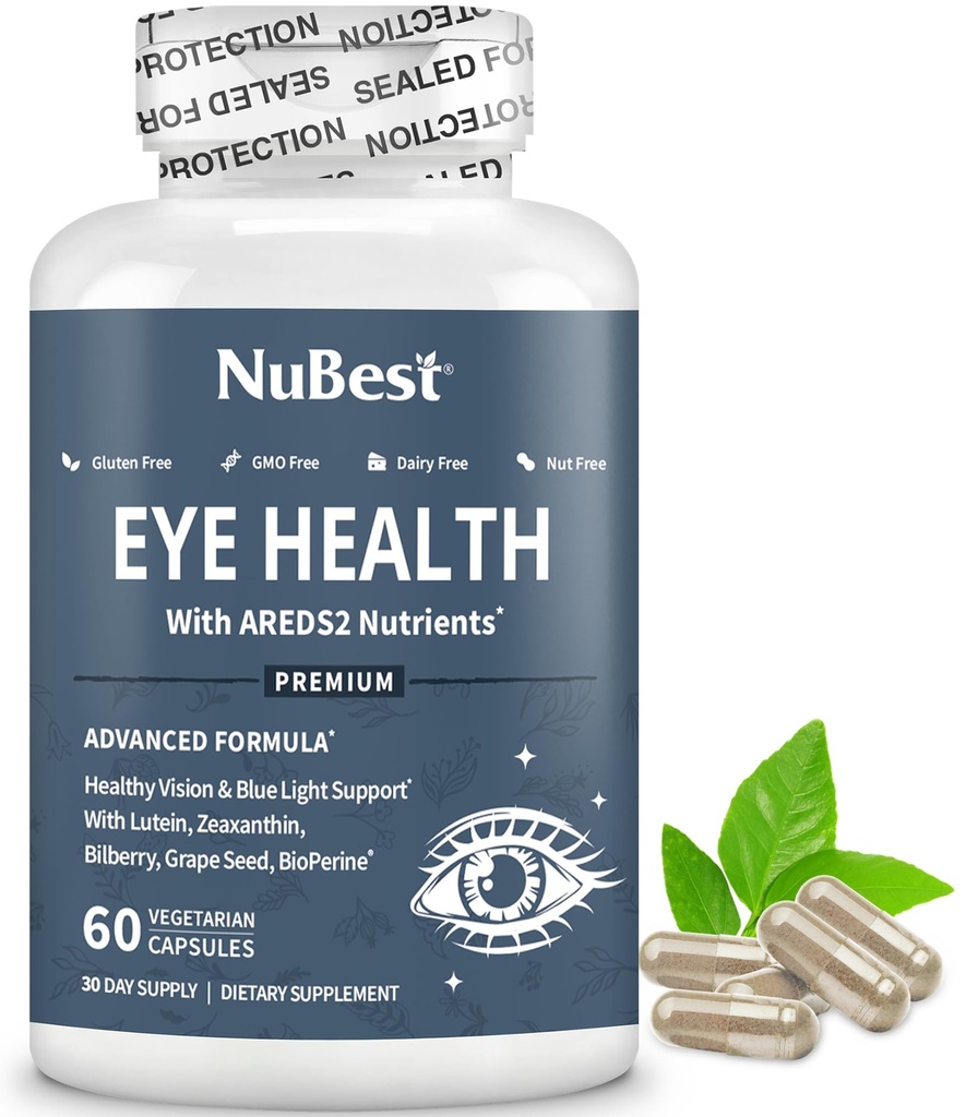 NuBest AREDS 2 Očné vitamíny s Beta karoténom Mrkvový prášok, 20 mg luteínu, 4mg Zeaxantínu, čučoriedky, hroznového semena, BioPerine, B- Complex, Multivitamín pre zdravie očí 1 mesiac Dodávka