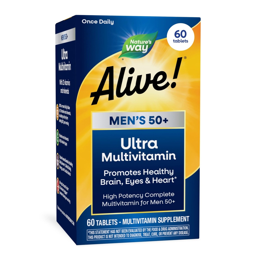 Príroda žije! Muži 50+ Denné Ultra Multivitamín, High Potency Formula, Podporuje zdravý mozog, oči a srdce*, s Metylated B12, Gluten-free, 60 tabliet (Backaging May Vary)