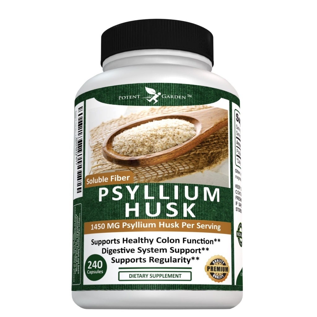 Silná záhrada Psyllium Husk Kapsule Všetky prírodné a výkonné Rozpustné Diétne Fiber Supplement pomáha podporovať pravidelnosť a trávenie, 240 Caps