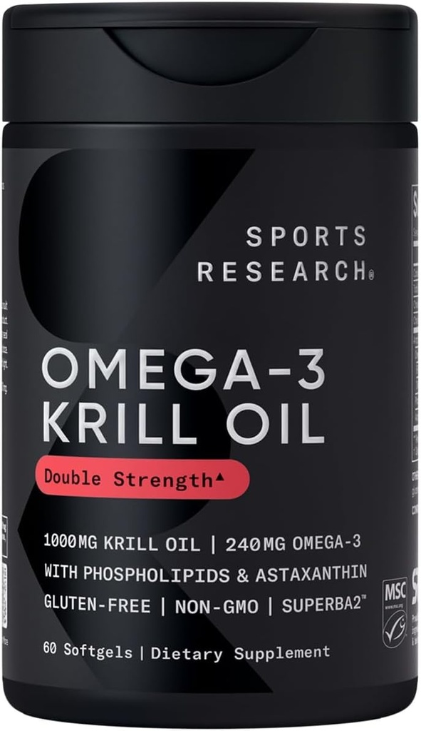 Sports Research® Omega-3 Krill Oil 1000mg - Pure Antarctic Superba Krill with Phospholipids, Choline & Astaxanthin - MSC Certified Sustainable · Non-GMO · Gluten Free - 60 Softgels