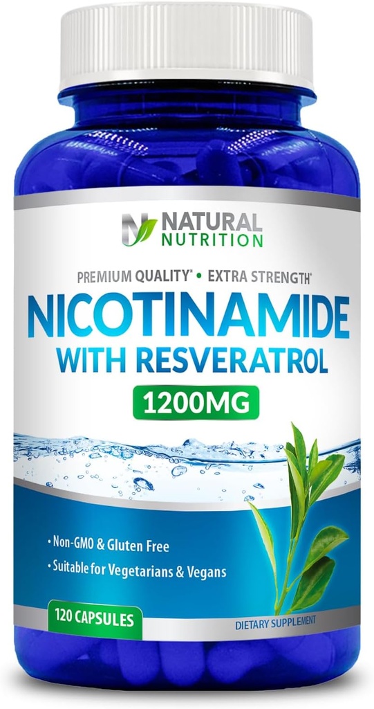Generic Natural Vitamín Extra sila Nikotínamid s Resveratrol 1200 mg (vitamín B-3) 120 Veggie Kapsule Gluten Free & Non-GMO