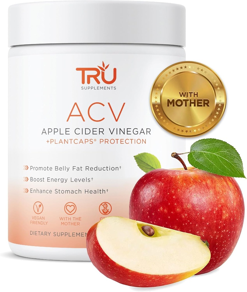 TRU doplnky ACV, Jablkový Cider Ocot, Organické ACV s matkou, Zlepšuje trávenie a zdravie pokožky, 45 Servings, 1000mg