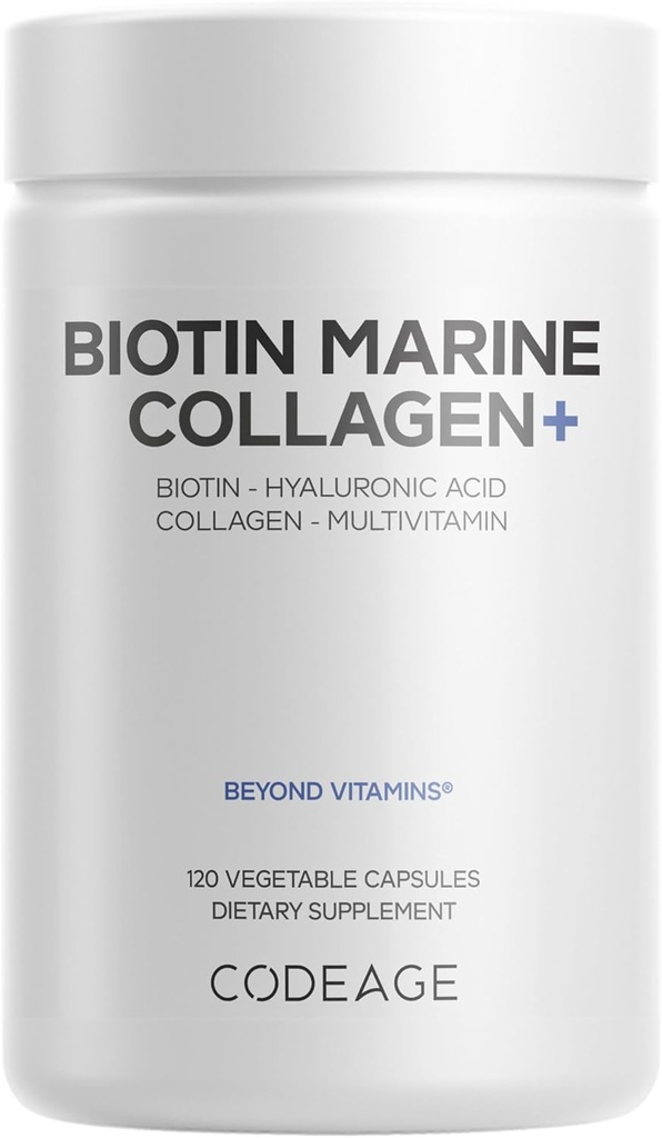 Codeage Biotin Marine Collagen Peptides - Wild-Caught Marine Collagen Types I & III, Biotin, Vitamíny C & E, Kyselina hyalurónová, aminokyseliny, ovocie a bylinky Blend, non-GMO - 120 Kapsule