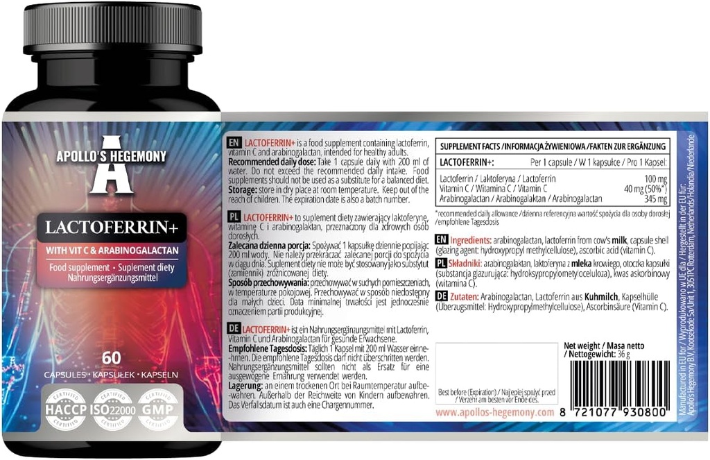 APOLLO'S HEGEMONY Lactoferrin+ 100 mg - s vitamínom C a Arabinogalactanom - 60 Vegánskych kapsúl - 2 mesiace dodávky - pre zlepšenú imunitu a absorpciu železa