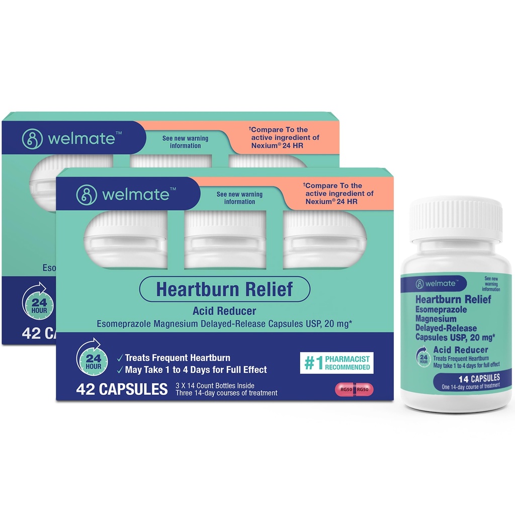 WELMATE - Ezomeprazol Magnézium 20 mg - Pálenie záhy Medicína - Redukcia kyseliny - Oneskorené uvoľnenie Úľava od pálenia záhy - 24 hod. Ochrana - pre mužov a ženy - 84 kapsúl - 2 balenia